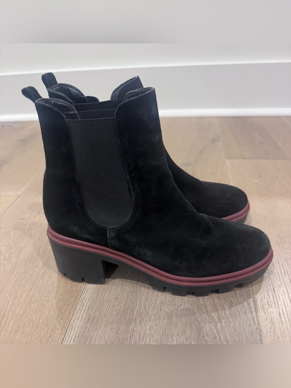 Black Suede Chelsea Boot with Burgundy Accent